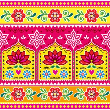 Indian and Pakistani truck art inspired vector seamless pattern with lotus flowers, retro floral Diwali colorful folk art pattern 
