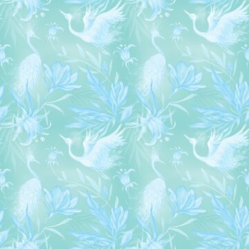 Beautiful blue flying birds peacock on turquoise floral background, hand drawn watercolor illustration for fashion fabric design 