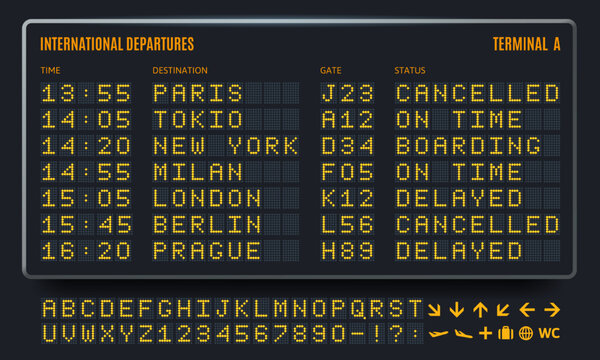 Led airport board. Departure table, information screen and airline terminal digital font vector set