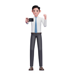 Businessman in white shirt celebrating while looking at the phone screen, 3d illustration of businessman using phone