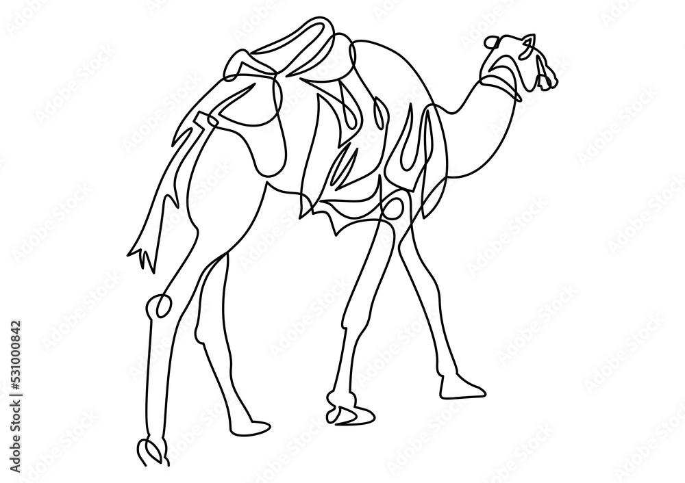 Poster continuous line. the camel is walking in the desert.