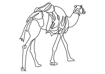 continuous line. The camel is walking in the desert.