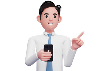 businessman in white shirt holding a cell phone while pointing to the side choosing gesture, 3d illustration of businessman using phone