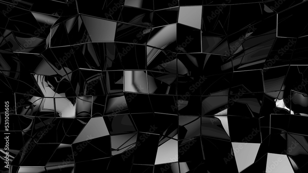 Poster Abstract black geometric uneven bumpy surface with kinks from glossy blocks. Minimal quadrilateral grid 3d rendering in black. Computer gometric background for screensaver, presentation or wallpaper.