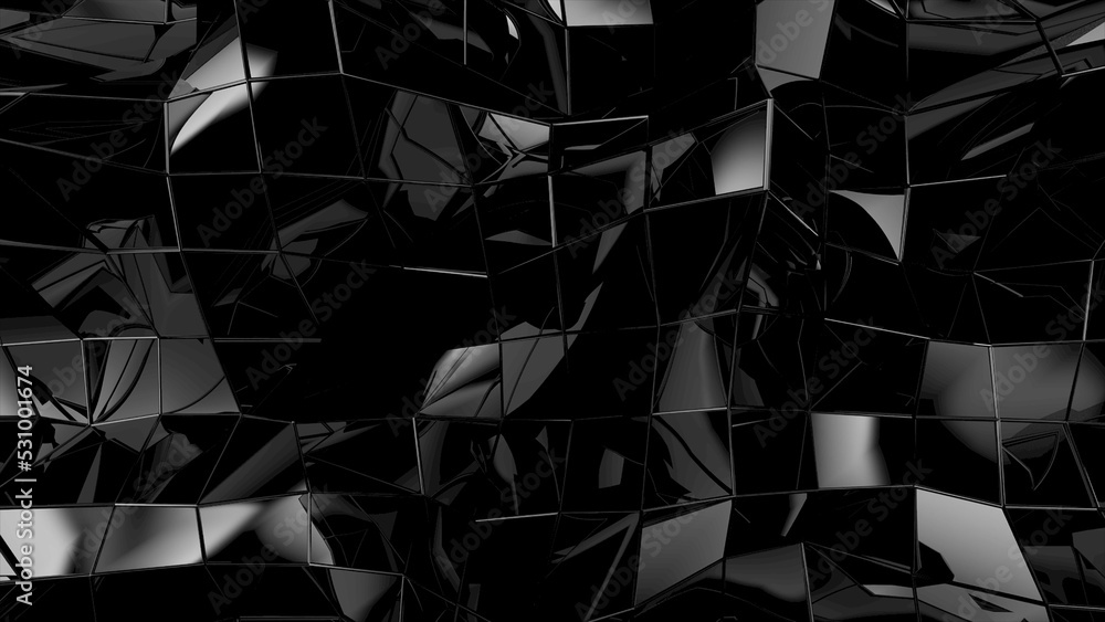Poster Abstract black geometric uneven bumpy surface with kinks from glossy blocks. Minimal quadrilateral grid 3d rendering in black. Computer gometric background for screensaver, presentation or wallpaper.