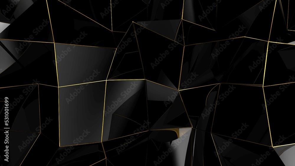 Poster Abstract black geometric bumpy surface with kinks from glossy blocks and yellow connections. Minimal quadrilateral grid 3d rendering in black. Computer gometric background for presentation.