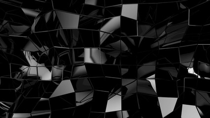 Fototapeta na wymiar Abstract black geometric uneven bumpy surface with kinks from glossy blocks. Minimal quadrilateral grid 3d rendering in black. Computer gometric background for screensaver, presentation or wallpaper.