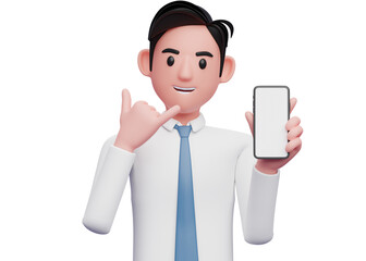 businessman in white shirt doing call me gesture and holding phone, 3d illustration of businessman using phone