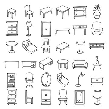 Furniture Doodle Vector Icon Set. Drawing Sketch Illustration Hand Drawn Line Eps10