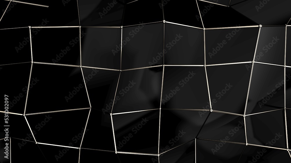 Poster Abstract black geometric bumpy surface with kinks from glossy blocks and silver connections. Minimal quadrilateral grid 3d rendering in black. Computer gometric background for presentation.