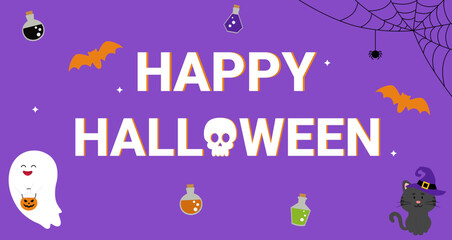 Halloween banner concept. Happy Halloween banner background with, bats, ghost, cat and potions.