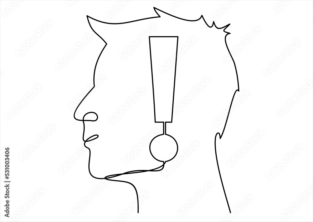 Poster head silhouette with exclamation mark inside icon-continuous line drawing