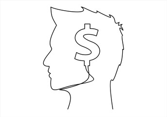 Head with dollar symbol -continuous line drawing