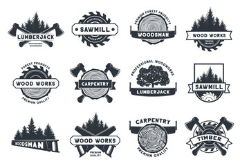 Wood works badge. Lumberjack, sawmill and carpentry emblems. Trees, pine log cut, saw and axe tools vector template set - obrazy, fototapety, plakaty