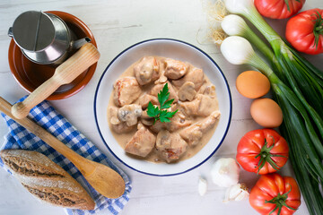 Meat with strogonoff sauce. Traditional Russian recipe.