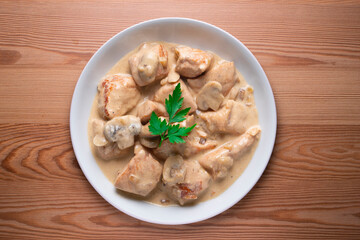 Meat with strogonoff sauce. Traditional Russian recipe.