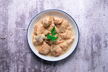 Meat with strogonoff sauce. Traditional Russian recipe.