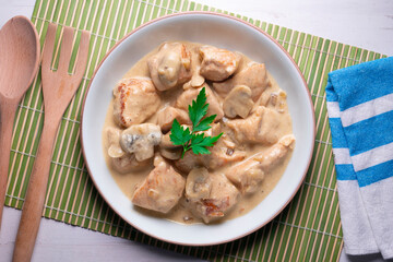 Meat with strogonoff sauce. Traditional Russian recipe.