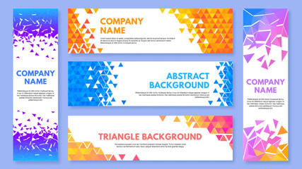 Color triangles banner. Abstract triangulation elements background, geometric corners with triangle cells pattern vector set - obrazy, fototapety, plakaty