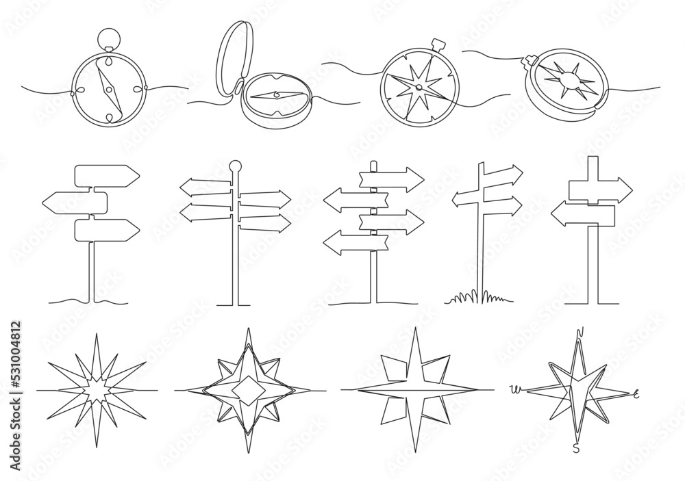 Poster one line way direction. journey navigation sign, traveller compass and destination signboard vector 