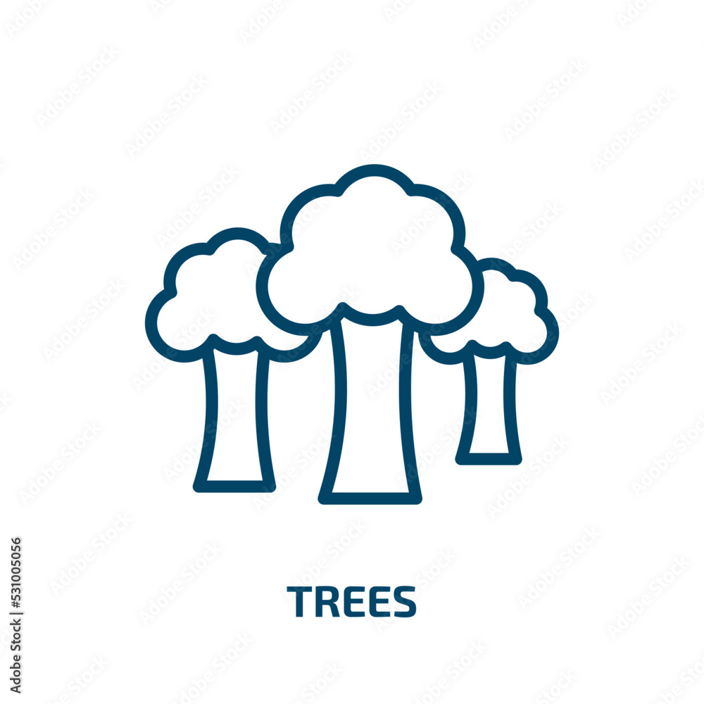 Poster trees icon from camping collection. thin linear trees, nature, tree outline icon isolated on white b