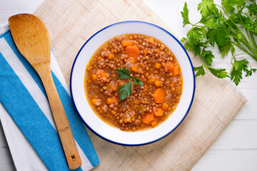 Lentils with carrots. Traditional northern spanish tapa.