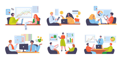 Financial advisor. Analyzing corporate or personal budget, calculate expenses and income vector illustrations set