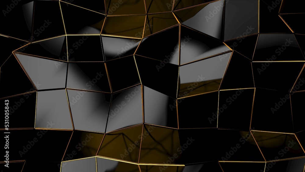 Poster Abstract black geometric bumpy surface with kinks from glossy blocks and yellow connections. Minimal quadrilateral grid 3d rendering in black. Computer gometric background for presentation.