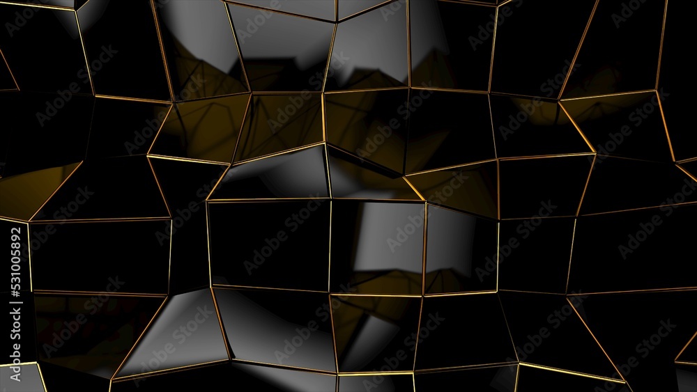 Poster Abstract black geometric bumpy surface with kinks from glossy blocks and yellow connections. Minimal quadrilateral grid 3d rendering in black. Computer gometric background for presentation.