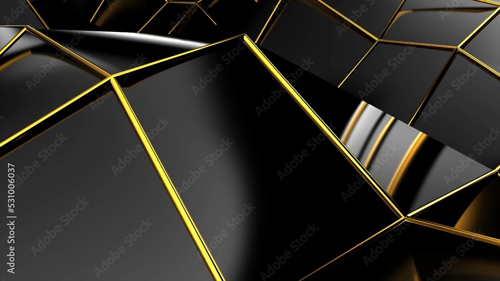 Poster Abstract black geometric bumpy surface with kinks from glossy blocks and yellow connections. Minimal quadrilateral grid 3d rendering in black. Computer gometric background for presentation.