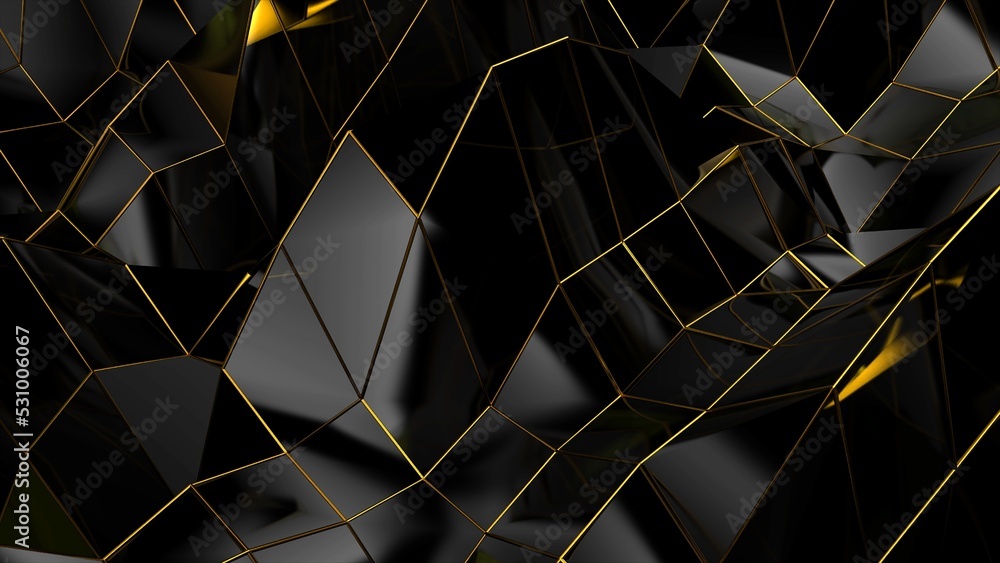 Poster Abstract black geometric bumpy surface with kinks from glossy blocks and yellow connections. Minimal quadrilateral grid 3d rendering in black. Computer gometric background for presentation.