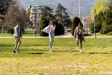 Three friends enjoying in beautiful summer time