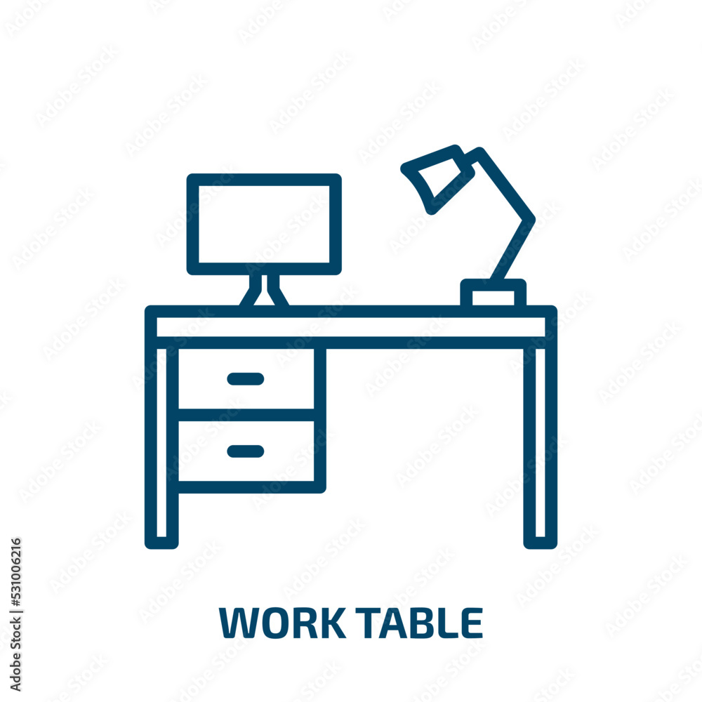 Poster work table icon from business collection. thin linear work table, office, table outline icon isolate