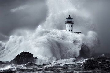 Storm with big waves over the lighthouse at theocean - obrazy, fototapety, plakaty