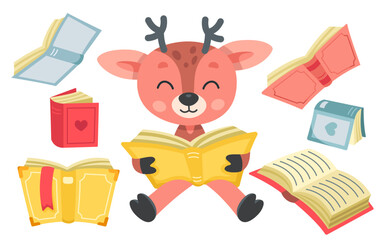 Cute deer reading vector illustration. Cartoon isolated baby forest animal character with funny face sitting with open paper storybook among flying books with covers in different colors from library