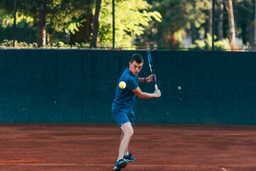 Professional equipped male tennis player beating hard the tennis ball with a backhand