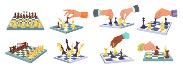 Chess game illustrations. Hands of chess players with pawn, knight and king figures. Business strategies and teamwork concept vector set