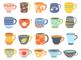 Cartoon cups. Vintage english teacup, coffee cup and kitchen mug. Tea ceremony vector Illustration set