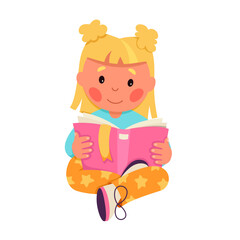 Cute little girl reading book vector illustration. Cartoon isolated happy child with blonde hair holding open paper book with bookmark and pink cover to read, beautiful baby princess learning