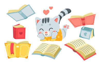 Cute cat reading book vector illustration. Cartoon isolated baby kitten lying near open storybook with hearts and happy kawaii face to read literature for education, study of smart animal character