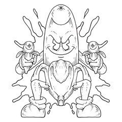 Coloring illustration of cartoon gunner banana mascot