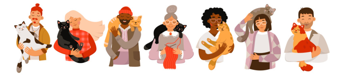 Owners holding cats set cartoon isolated portraits of happy young and old characters hold and hug cute domestic animals, man and woman carrying little kitty on shoulders