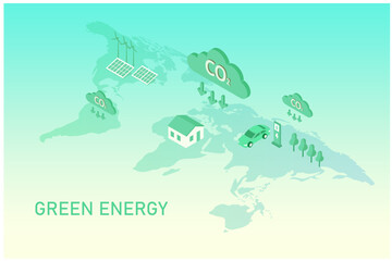 Green energy and earth day concept, CO2 carbon emissions reduction and ecology environmental with solar panel, wind turbines,  EV car  vector illustration