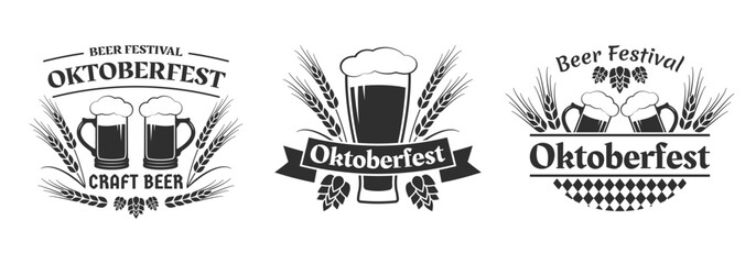 Oktoberfest label, logo or badge design. Beer emblem set. Bavaria brewery festival. October fest badges with beer mug, glass, wheat and malt. Vector illustration.