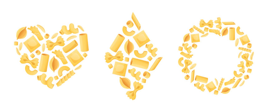 Pasta icons. Heart shape poster, diamond shape and circle frame with macaroni vector background set