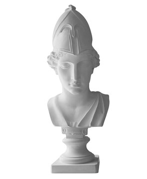 Minerva roman goddess of wisdom and strategic warfare, justice, law, victory, and the sponsor of arts, trade, and strategy. Antique bust isolated on a black background with clipping path