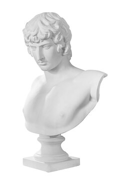 Gypsum copy of famous ancient statue Antinous bust isolated on a white background with clipping path. Plaster antique sculpture young man face. Renaissance epoch. Portrait