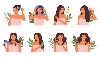 Hair care. Girl applying beauty caring products, blow dry hair and hairstyle styling vector Illustration set