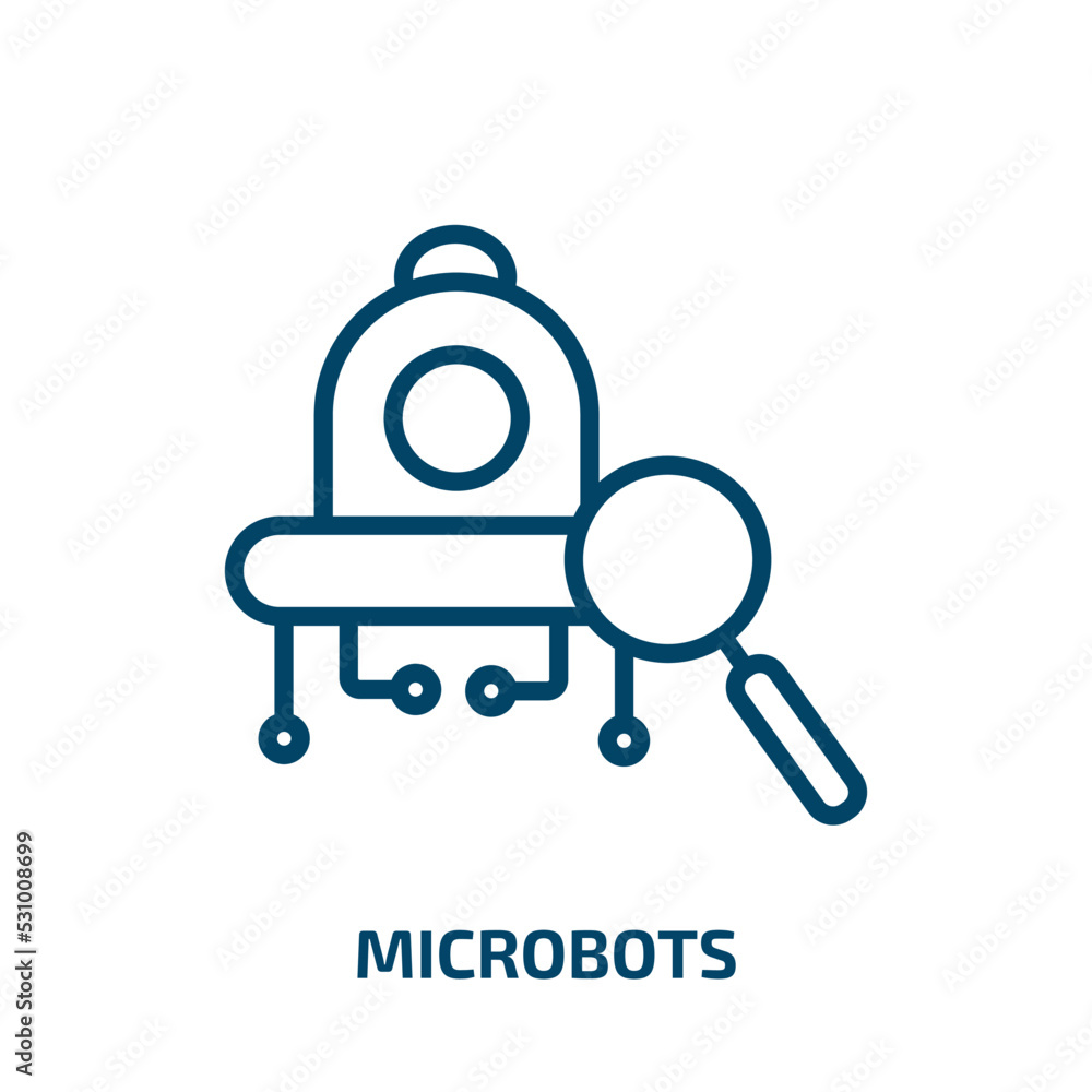 Poster microbots icon from artificial intellegence and future technology collection. Thin linear microbots, microbot, nanobot outline icon isolated on white background. Line vector microbots sign, symbol for