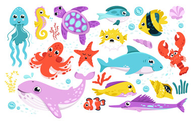 Fototapeta na wymiar Cartoon isolated funny aquatic characters, happy whale and octopus, swimming seahorse and tortoise, clownfish smiling. Cute fishes and underwater animals, nature of sea